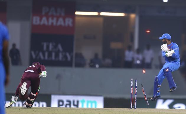 West Indies Fabian Allen is runt out during the second Twenty20 international cricket match between India and West Indies at Bharat Ratna Shri Atal Bihari Vajpayee Ekana Cricket Stadium in Lucknow (AP)