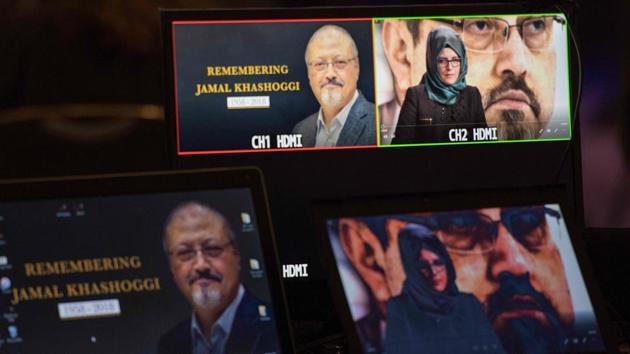 Hatice Cengiz, the fiancee of the late Washington Post journalist Jamal Khashoggi, delivers a prerecorded message (upper R) during a remembrance ceremony for her fiancée in Washington, DC on November 2. (AFP Photo) Hatice Cengiz, the fiancee of the late Washington Post journalist Jamal Khashoggi, delivers a prerecorded message (upper R) during a remembrance ceremony for her fiancée in Washington, DC on November 2. (AFP Photo)