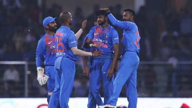 Indian players celebrate the dismissal of West Indies Shai Hope during the second Twenty20 international cricket match between India and West Indies at Bharat Ratna Shri Atal Bihari Vajpayee Ekana Cricket Stadium in Lucknow.(AP)