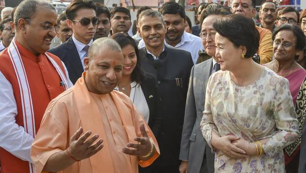 Uttar Pradesh chief minister Yogi Adityanath and South Korean first lady Kim Jung-sook on their arrival at the Queen Huh Park in Ayodhya.(AP Photo)