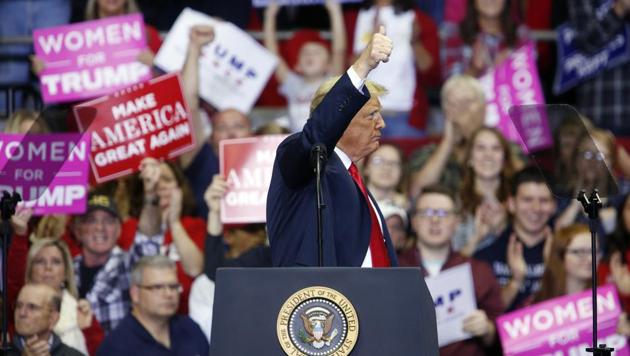 US President Donald Trump gestures during a rally in Fort Wayne, Indiana on Monday. (Bloomberg) US President Donald Trump gestures during a rally in Fort Wayne, Indiana on Monday. (Bloomberg)