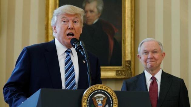 US president Donald Trump speaks during a swearing-in ceremony for attorney general Jeff Sessions at the White House in Washington on February 9, 2017. President Donald Trump fired attorney general Jeff Sessions on Wednesday, a day after he was handed a mixed mid-term verdict.(Reuters Photo)