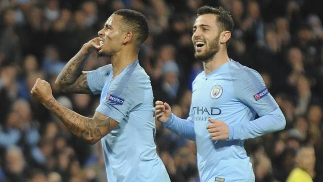 Manchester City Gabriel Jesus, left, celebrates after scoring his side's fourth goal during the Champions League Group F football match between Manchester City and Shakhtar Donetsk.(AP)