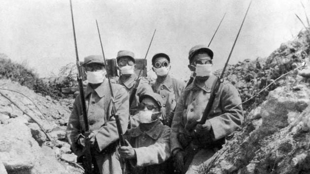 Circa 1915: French troops wearing an early form of gas masks during the 2nd Battle of Ypres, still unsure of the effectiveness of poison gas. Trenches made long range and remote attacks more feasible. Chemical warfare --the use of mustard gas, chlorine and phosgene featured --prominently in the first global war. (Hulton Archive / Getty Images) Circa 1915: French troops wearing an early form of gas masks during the 2nd Battle of Ypres, still unsure of the effectiveness of poison gas. Trenches made long range and remote attacks more feasible. Chemical warfare --the use of mustard gas, chlorine and phosgene featured --prominently in the first global war. (Hulton Archive / Getty Images)