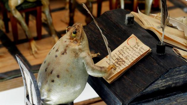 A frog writes documents at a notary. The museum also boasts 200 lamps used by the Swiss railways, as well as a collection of armaments and other items from the town’s medieval history. The frog displays occupy just one room of the 15th century stately home turned museum but have become synonymous with it. (Denis Balibouse / REUTERS) 