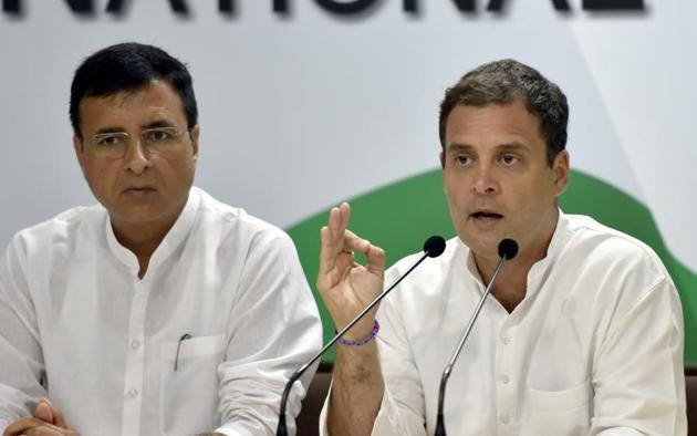 Congress Party president Rahul Gandhi with spokesperson Randeep Singh Surjewala during a press conference on the issue of Rafale deal at the AICC headquarters in New Delhi, September 22. Rahul Gandhi is trying to use this scandal as a lethal weapon during the 2019 election campaign(Sonu Mehta/HT PHOTO) Congress Party president Rahul Gandhi with spokesperson Randeep Singh Surjewala during a press conference on the issue of Rafale deal at the AICC headquarters in New Delhi, September 22. Rahul Gandhi is trying to use this scandal as a lethal weapon during the 2019 election campaign(Sonu Mehta/HT PHOTO)