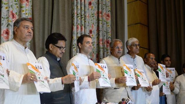 Congress president Rahul Gandhi along with other party leaders launches the Chhattisgarh Congress Manifesto on November 9.(Twitter/Congress)