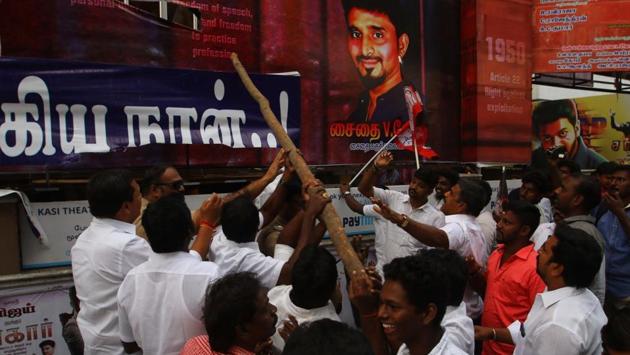 AIADMK ministers and party cadres protest the release of actor Vijay’s latest Tamil film “Sarkar” at cinema halls in Chennai. Filmmaker AR Murugadoss said in a petition, filed through his counsel Vivekanantha, that there was no intention to cast any leaders in poor light. He added they have removed the “objectionable” scenes and muted an apparent reference to the late Jayalalithaa. (IANS) AIADMK ministers and party cadres protest the release of actor Vijay’s latest Tamil film “Sarkar” at cinema halls in Chennai. Filmmaker AR Murugadoss said in a petition, filed through his counsel Vivekanantha, that there was no intention to cast any leaders in poor light. He added they have removed the “objectionable” scenes and muted an apparent reference to the late Jayalalithaa. (IANS)