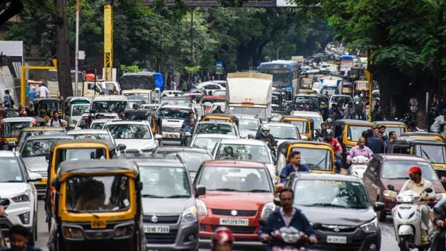 Traffic jam on JM road in Pune, India’s 7th most congested city(Sanket Wankhade/HT PHOTO)