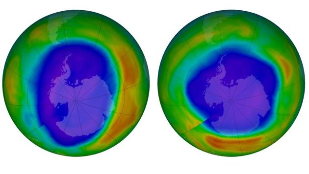 This combination of images made available by NASA shows areas of low ozone above Antarctica on September 2000, left, and September 2018. The purple and blue colors are where there is the least ozone, and the yellows and reds are where there is more ozone. A United Nations report released on Monday, Nov. 5, 2018 says Earth’s protective ozone layer is finally healing after aerosol sprays and coolants ate away at it(AP)