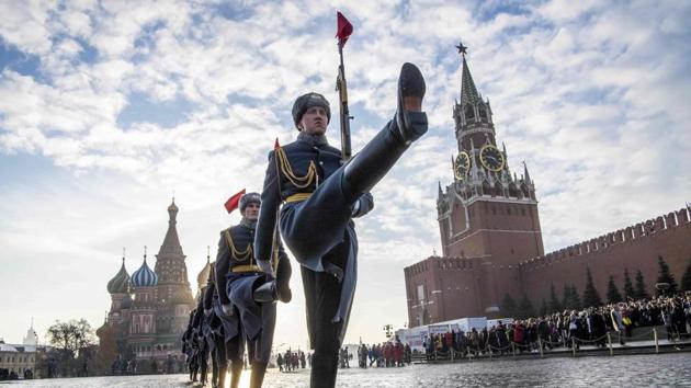Russian honour guards march during the military parade at Red Square in Moscow as Russia marks the 77th anniversary of the 1941 historical parade, when Red Army soldiers marched past the Kremlin walls towards the front line to fight Nazi Germany troops during World War Two. (Mladen Antonov / AFP) Russian honour guards march during the military parade at Red Square in Moscow as Russia marks the 77th anniversary of the 1941 historical parade, when Red Army soldiers marched past the Kremlin walls towards the front line to fight Nazi Germany troops during World War Two. (Mladen Antonov / AFP)