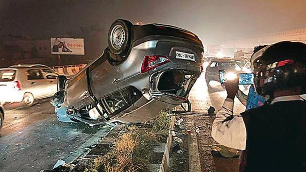 The car that the accused was driving rammed the divider and hit the SUV on the other side at a flyover in Punjabi Bagh. (HT Photo) The car that the accused was driving rammed the divider and hit the SUV on the other side at a flyover in Punjabi Bagh. (HT Photo)