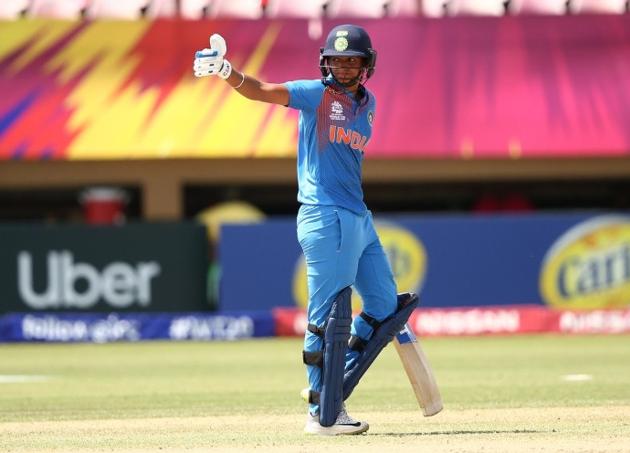 India’s Harmanpreet Kaur celebrates after scoring a century against New Zealand in the ICC Women’s WT20 opener. (ICC/ TWITTER) India’s Harmanpreet Kaur celebrates after scoring a century against New Zealand in the ICC Women’s WT20 opener. (ICC/ TWITTER)