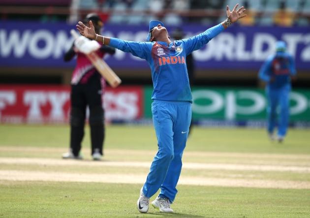 India skipper Harmanpreet Kaur celebrates after the last New Zealand batter was dismissed during the ICC Women’s WT20 opener. (ICC/ Twitter) India skipper Harmanpreet Kaur celebrates after the last New Zealand batter was dismissed during the ICC Women’s WT20 opener. (ICC/ Twitter)