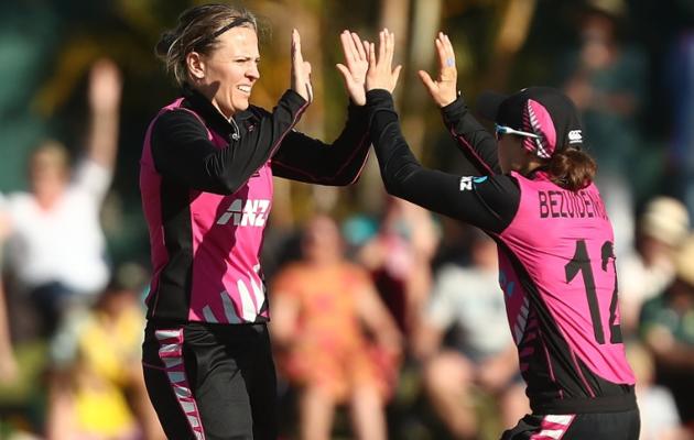 Lea Tahuhu (L) celebrates with her teammate after picking up a wicket during the ICC Women’s WT20 opener. (ICC/ Twitter) Lea Tahuhu (L) celebrates with her teammate after picking up a wicket during the ICC Women’s WT20 opener. (ICC/ Twitter)
