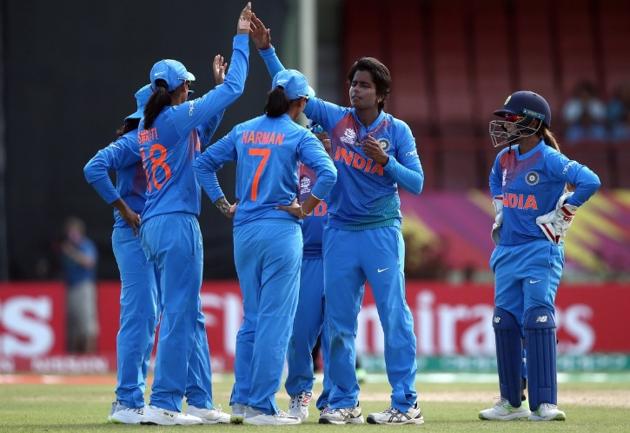 Radha Yadav (C) celebrates with her teammates after picking up a wicket during the ICC Women’s WT20 opener. (ICC/ Twitter) Radha Yadav (C) celebrates with her teammates after picking up a wicket during the ICC Women’s WT20 opener. (ICC/ Twitter)