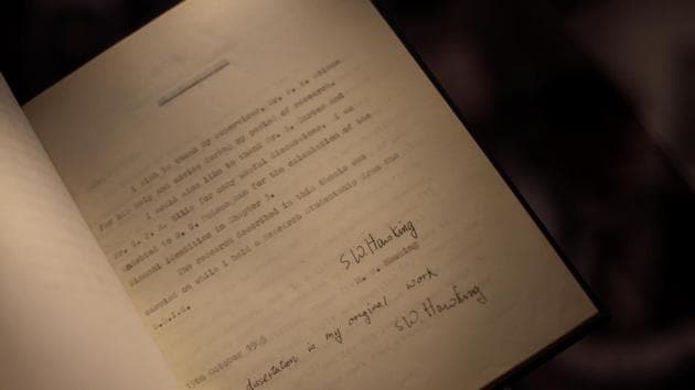 One of only five originals of the thesis entitled “Properties of expanding universes”, it smashed pre-sale expectations four times over to sell for £584,750 at the Christie’s sale, which ended on Thursday. When the document was made available online last year by Cambridge University, where Hawking spent his career, it was so popular that it crashed the website. (Jack taylor / Getty Images)