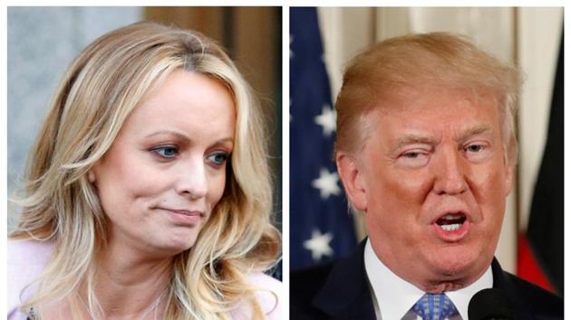 A combination photo shows adult film actress Stephanie Clifford, also known as Stormy Daniels speaking in New York City, and US President Donald Trump speaking in Washington, Michigan, US on April 16, 2018 and April 28, 2018 respectively. (REUTERS) A combination photo shows adult film actress Stephanie Clifford, also known as Stormy Daniels speaking in New York City, and US President Donald Trump speaking in Washington, Michigan, US on April 16, 2018 and April 28, 2018 respectively. (REUTERS)