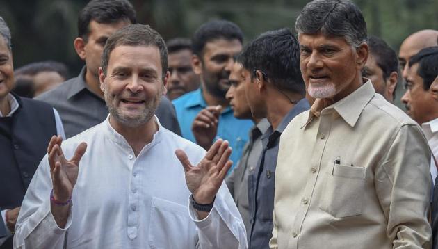 Congress President Rahul Gandhi along with Andhra Pradesh Chief Minister N Chandrababu Naidu outside his residence at Tughlak Road in New Delhi on Nov 1, 2018. (PTI File Photo) Congress President Rahul Gandhi along with Andhra Pradesh Chief Minister N Chandrababu Naidu outside his residence at Tughlak Road in New Delhi on Nov 1, 2018. (PTI File Photo)