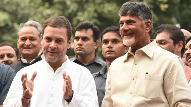 After Congress party president Rahul Gandhi and Chief Minister of Andhra Pradesh N. Chandrababu Naidu held talks on jointly fighting BJP, several Congress leaders in Andhra Pradesh quit the party on fears that the Congress and TDP will tie-up in the state too (File photo)(HT PHOTO)