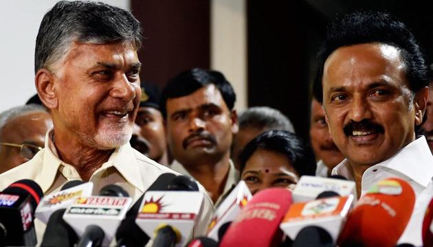 Andhra Pradesh chief minister N Chandrababu Naidu addresses the media with DMK president MK Stalin at the latter's residence in Chennai on Friday.(PTI)