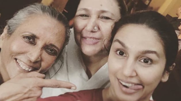 Huma Qureshi poses with Deepa Mehta on the sets of Leila.