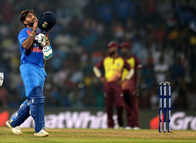 West Indies cricketer Rishabh Pant reacts on his way back to the dressing room after loosing his wicket during the Third T20 cricket match between India and West Indies at the MA Chidambaram Cricket Stadium in Chennai. (AFP) West Indies cricketer Rishabh Pant reacts on his way back to the dressing room after loosing his wicket during the Third T20 cricket match between India and West Indies at the MA Chidambaram Cricket Stadium in Chennai. (AFP)