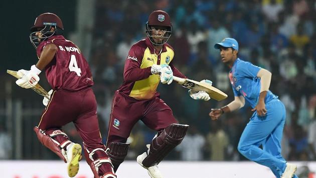 Chennai: West Indies batsmen Shimron Hetmyer and Shai Hope run between the wicket during the 1st T20I match against India during the 3rd and final T20 match against India at MAC Stadium in Chennai.(PTI) Chennai: West Indies batsmen Shimron Hetmyer and Shai Hope run between the wicket during the 1st T20I match against India during the 3rd and final T20 match against India at MAC Stadium in Chennai.(PTI)