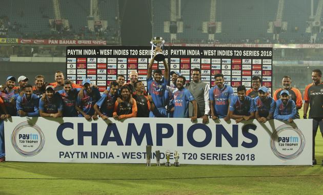 Members of the Indian cricket team pose with the winners trophy after their win in the third and last Twenty20 international cricket match against West Indies in Chennai. (AP) Members of the Indian cricket team pose with the winners trophy after their win in the third and last Twenty20 international cricket match against West Indies in Chennai. (AP)