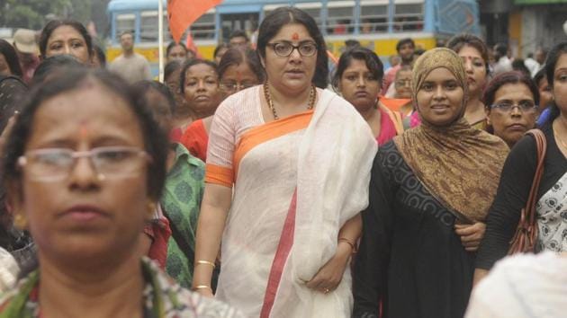 Bengal BJP women’s wing chief Locket Chatterjee said Amit Shah, Yogi Adityanath and Sarbananda Sonwalkar will launch the three rath yatras.(Samir Jana/HT Photo)