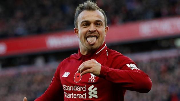 Liverpool's Xherdan Shaqiri celebrates scoring their second goal against Fulham.(REUTERS)