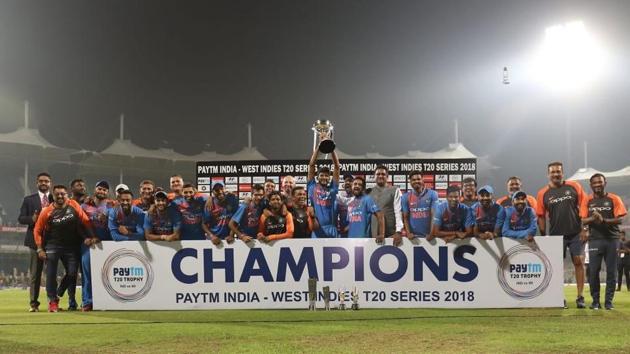 Indian players pose after winning the T20I series against West Indies. (Rohit Sharma/Twitter) Indian players pose after winning the T20I series against West Indies. (Rohit Sharma/Twitter)