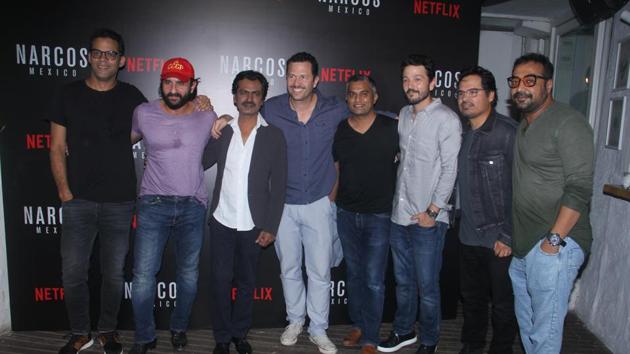 Michael Pena, Saif Ali Khan, Anurag Kashyap, Nawazuddin Siddiqui and Diego Luna at the Netflix event in Mumbai.(Viral Bhayani)