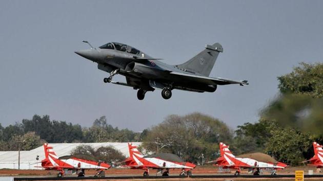 A French fighter aircraft Rafale takes off on the third day of the 11th biennial edition of AERO INDIA 2017 at Yelahanka Air base in Bengaluru on Thursday.(PTI File Photo)