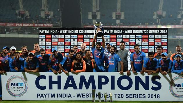 India vs West Indies 3rd T20I: Indian players celebrate after winning the T20I series against West Indies on Sunday. (AFP) India vs West Indies 3rd T20I: Indian players celebrate after winning the T20I series against West Indies on Sunday. (AFP)