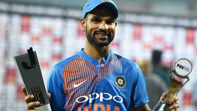 India VS West Indies T20I 2018: Shikhar Dhawan poses with the Man of the Match trophy after his team's win in the third and last Twenty20 international against West Indies in Chennai on Sunday. (PTI) India VS West Indies T20I 2018: Shikhar Dhawan poses with the Man of the Match trophy after his team's win in the third and last Twenty20 international against West Indies in Chennai on Sunday. (PTI)