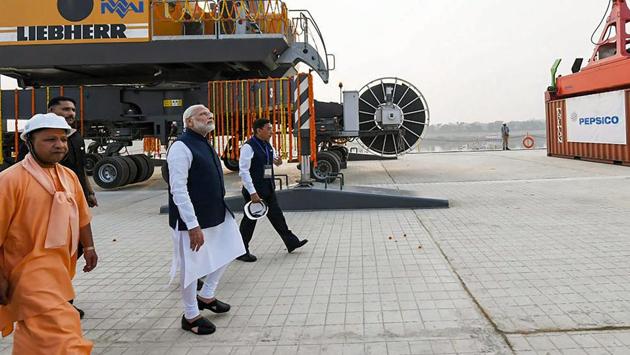 Prime Minister Narendra Modi looks on at India's first multi-modal terminal on the Ganga river during its inaugural function, in Varanasi, Monday, Nov 12, 2018.(PTI/ PIB)