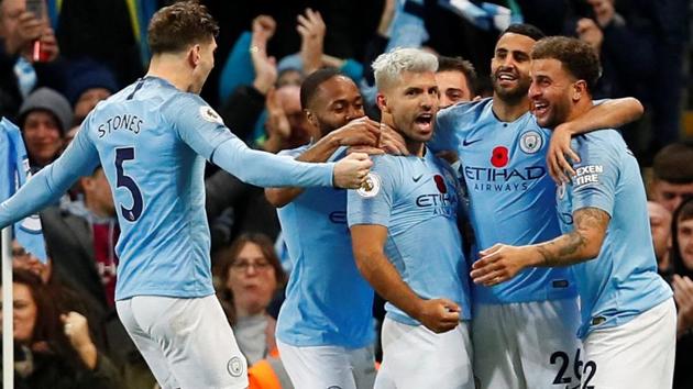 Manchester City's Sergio Aguero celebrates scoring their second goal with team mates.(Action Images via Reuters) Manchester City's Sergio Aguero celebrates scoring their second goal with team mates.(Action Images via Reuters)
