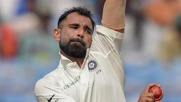 Rajkot: Indian bowler Mohammed Shami bowls during the first test cricket match played between India and West Indies.(PTI)