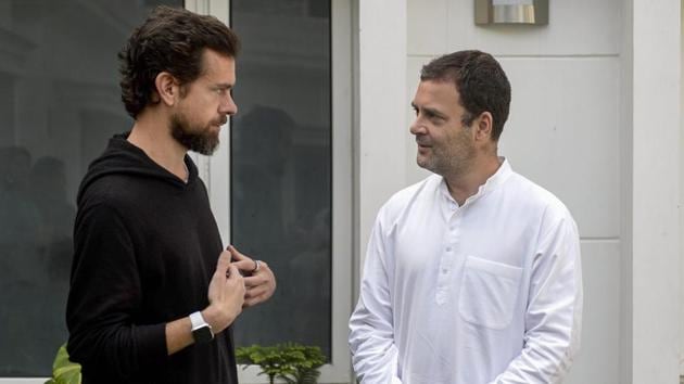 Congress President Rahul Gandhi with Twitter co-founder and CEO Jack Dorsey during their meeting in New Delhi. “Twitter has grown into the most dominant ‘conversation’ platform globally. Jack explained some of the steps being taken to keep those conversations healthy and measures being taken to tackle the menace of fake news,” Gandhi tweeted. (PTI) Congress President Rahul Gandhi with Twitter co-founder and CEO Jack Dorsey during their meeting in New Delhi. “Twitter has grown into the most dominant ‘conversation’ platform globally. Jack explained some of the steps being taken to keep those conversations healthy and measures being taken to tackle the menace of fake news,” Gandhi tweeted. (PTI)