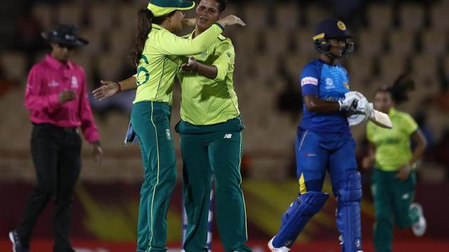 Sune Luus of South Africa congratulates Moseline Daniels of South Africa on the wicket of Hasini Perera of Sri Lanka during the ICC Women’s World T20 2018 match between Sri Lanka and South Africa at Darren Sammy Cricket Ground on November 12, 2018.(ICC Photo)