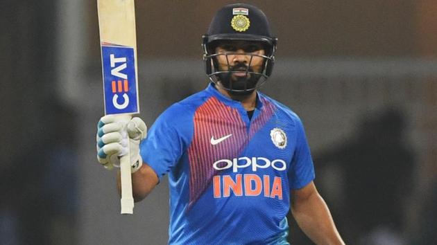 Rohit Sharma raises his bat after scoring a half centur during the second T20 cricket match between India and West Indies. (AFP) Rohit Sharma raises his bat after scoring a half centur during the second T20 cricket match between India and West Indies. (AFP)