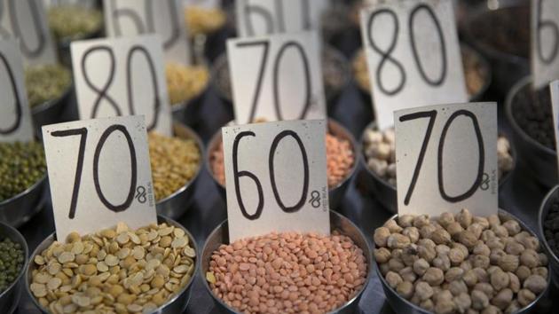 Samples of pulses are displayed in a wholesaler at Khari Baoli spice market in New Delhi.(Bloomberg)