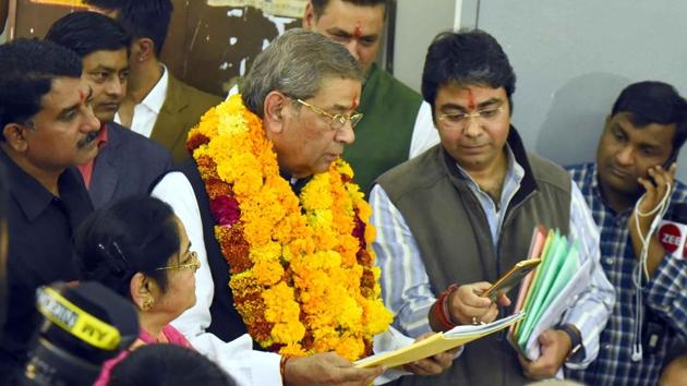 MLA and former BJP minister Ghanshyam Tiwari filed nomination for Rajasthan assembly polls at district collector's office , in Jaipur, on Monday, 12 November 2018.(HT Photo)