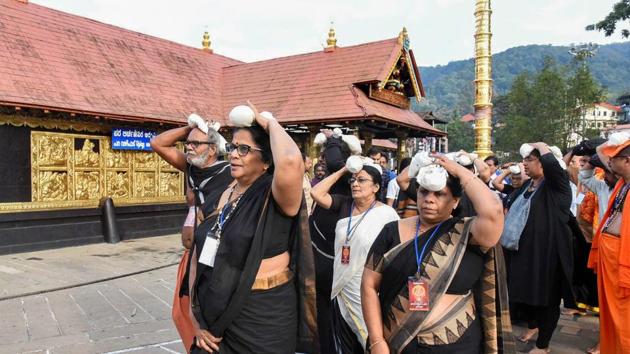 The Supreme Court is on Tuesday hearing review petitions on its earlier order allowing women of all ages into Kerala’s Sabarimala shrine.(PTI)