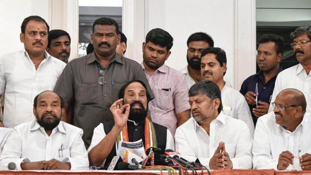 Telangana Pradesh Congress Committee (TPCC) president N Uttam Kumar Reddy addresses the media in Hyderabad on October 24.(PTI Photo)