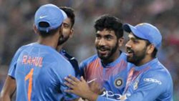India's captain Rohit Sharma, right, celebrates with teammates the dismissal of West Indies' Shai Hope during the first Twenty20 international cricket match between India and West Indies in Kolkata, India, Sunday, Nov. 4, 2018. (AP Photo/Bikas Das)(AP)