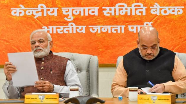 Prime Minister Narendra Modi and BJP President Amit Shah during the party's Central Election Committee meeting for the forthcoming Assembly polls in Rajasthan at party headquarters in New Delhi.(PTI)