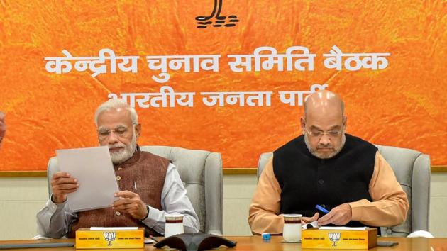 Prime Minister Narendra Modi and BJP President Amit Shah during a meeting for the forthcoming Assembly polls in Rajasthan, at party headquarters in New Delhi, Sunday, Nov 11, 2018.(PTI) Prime Minister Narendra Modi and BJP President Amit Shah during a meeting for the forthcoming Assembly polls in Rajasthan, at party headquarters in New Delhi, Sunday, Nov 11, 2018.(PTI)