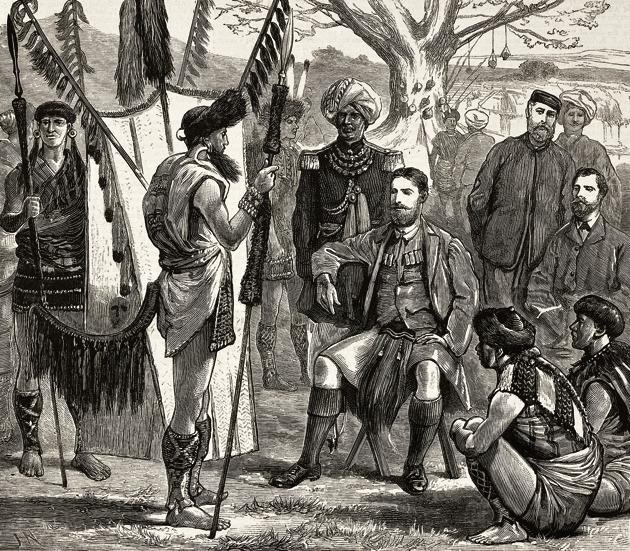Captain J Butler (assassinated by the Nagas on January 7, 1876) meeting chiefs. Illustration from a magazine called The Graphic, volume XIII, no 329, dated March 18, 1876.(De Agostini via Getty Images) Captain J Butler (assassinated by the Nagas on January 7, 1876) meeting chiefs. Illustration from a magazine called The Graphic, volume XIII, no 329, dated March 18, 1876.(De Agostini via Getty Images)